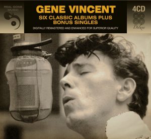 Album cover, Gene Vincent, Six Classic Albums plus Bonus Singles. Released on the Real Gone Music Company label.